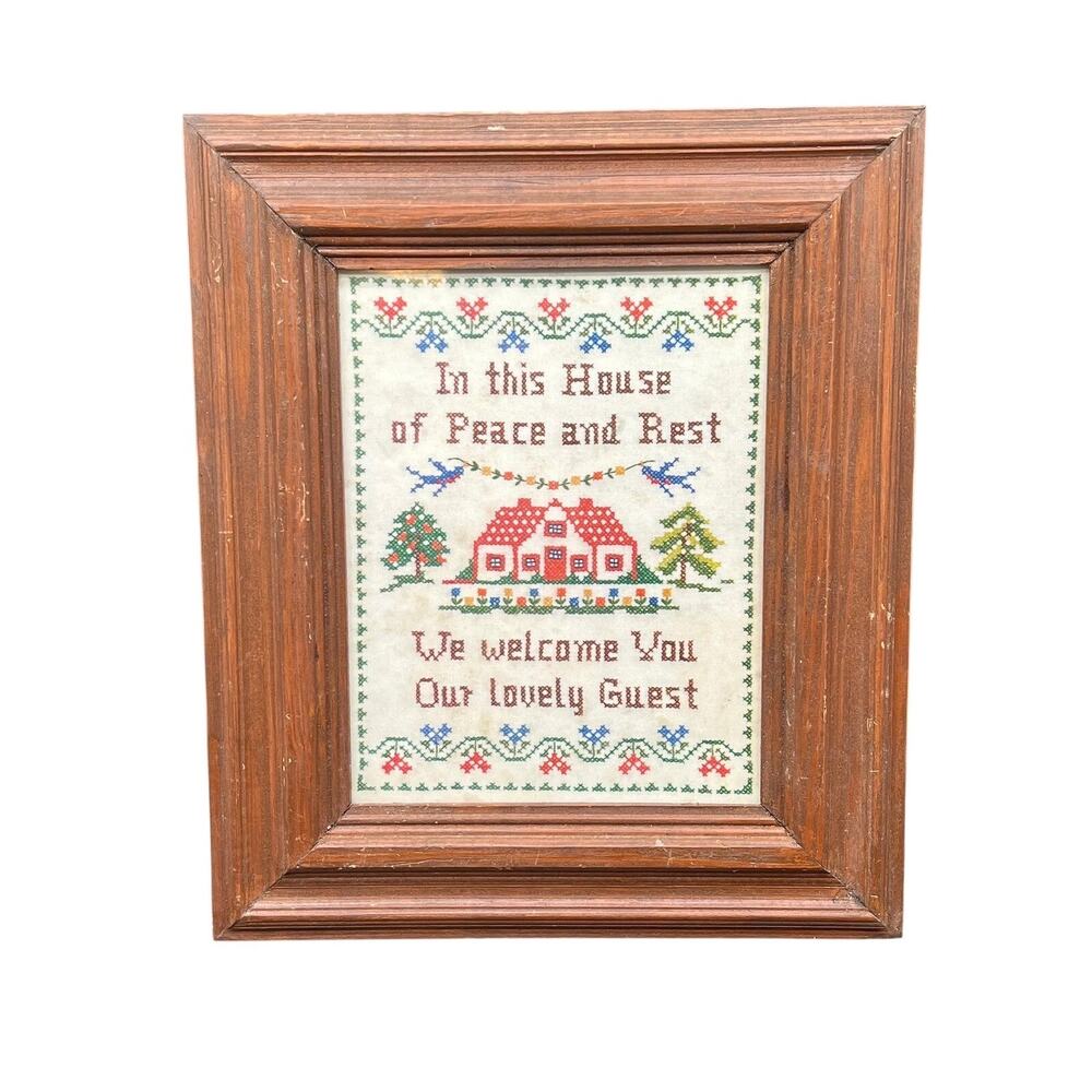 Vintage Framed Cross Stitch Sampler  Peace and Rest"Home Blessing Needlework Art